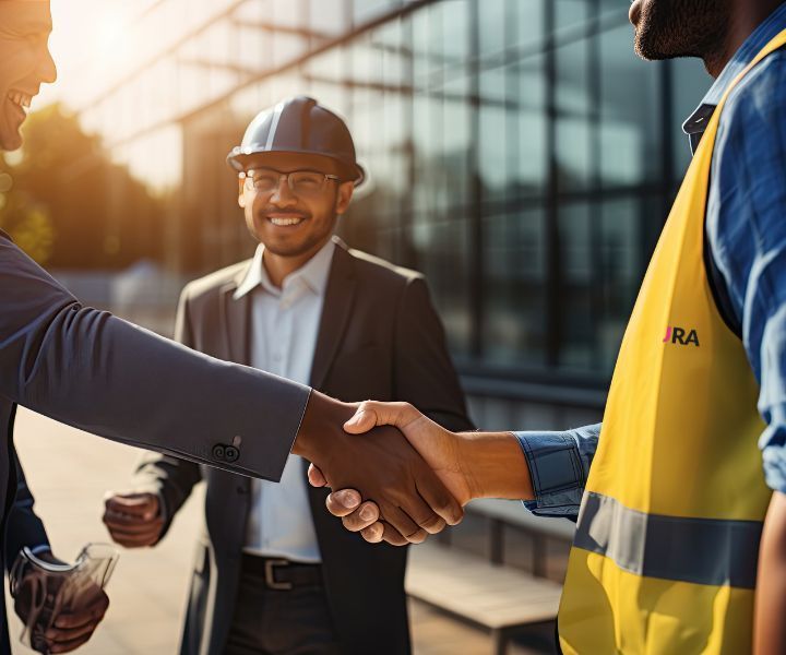 A man in a suit and hard hat is shaking hands with a construction worker.