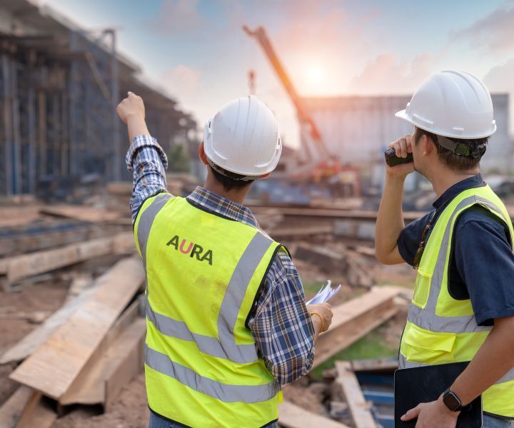 Two construction workers are looking at a construction site.