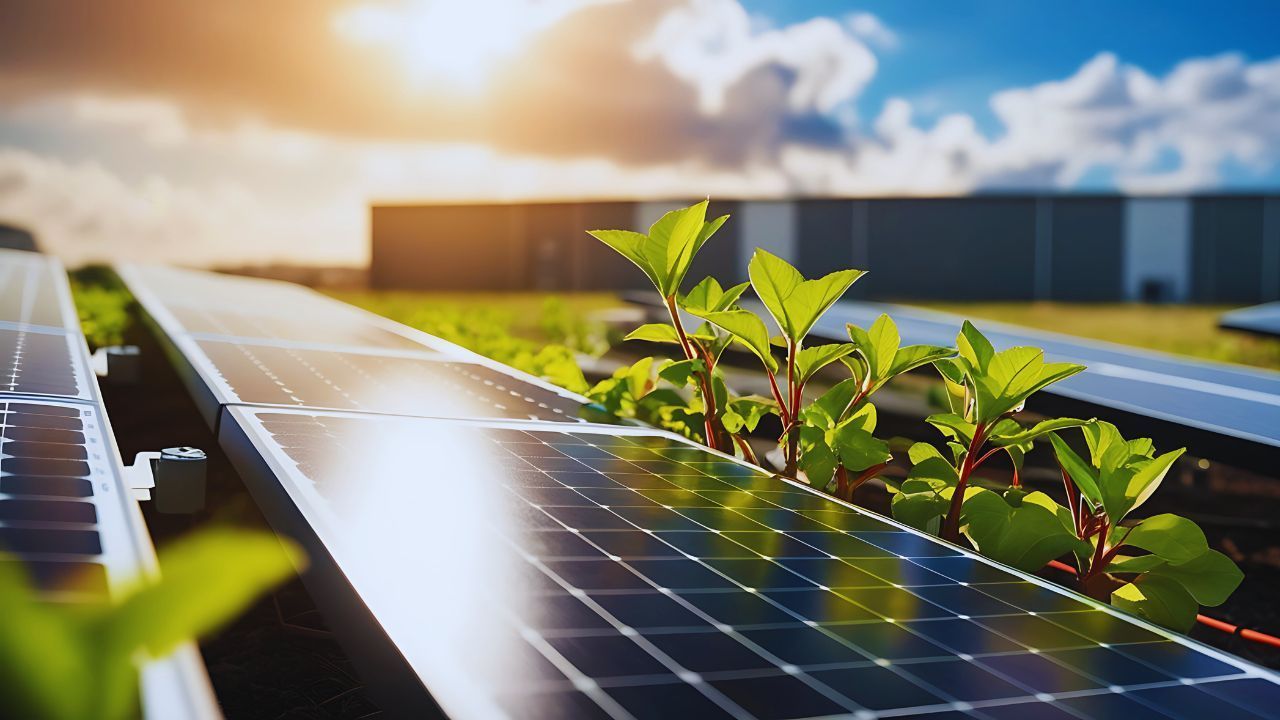 A close up of a solar panel with a plant growing out of it.