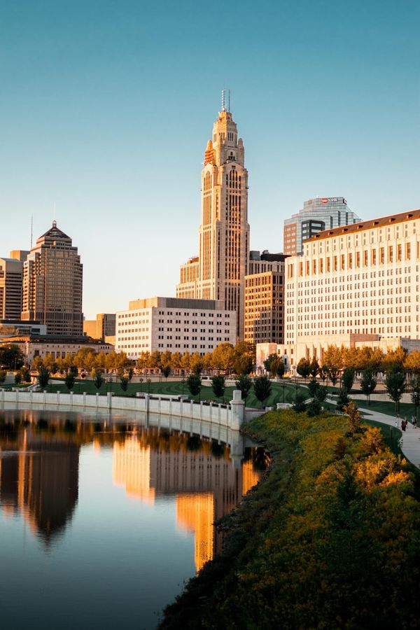 Columbus Ohio Skyline at Sunset by River.