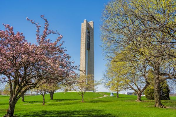 Springtime cherry blossoms line the paths near the Deeds Carillon monument in Dayton Ohio.