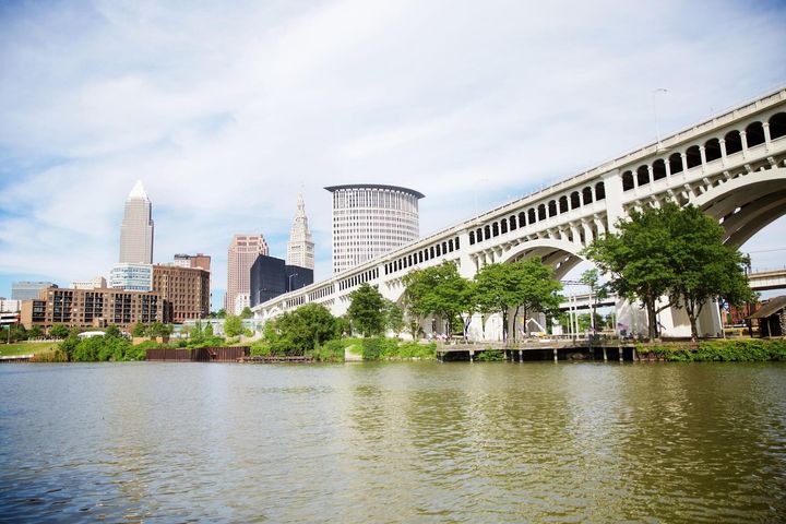 Cleveland Ohio Skyline as seen from Heritage Park in the Flats Downtown.