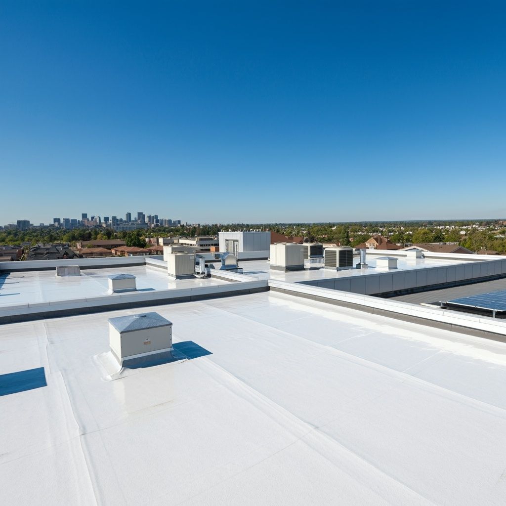 A white roof with a city skyline in the background