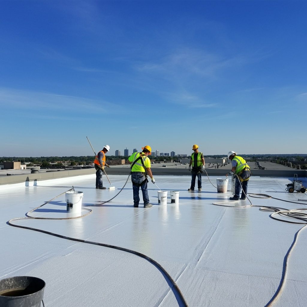 A group of construction workers are working on a roof.