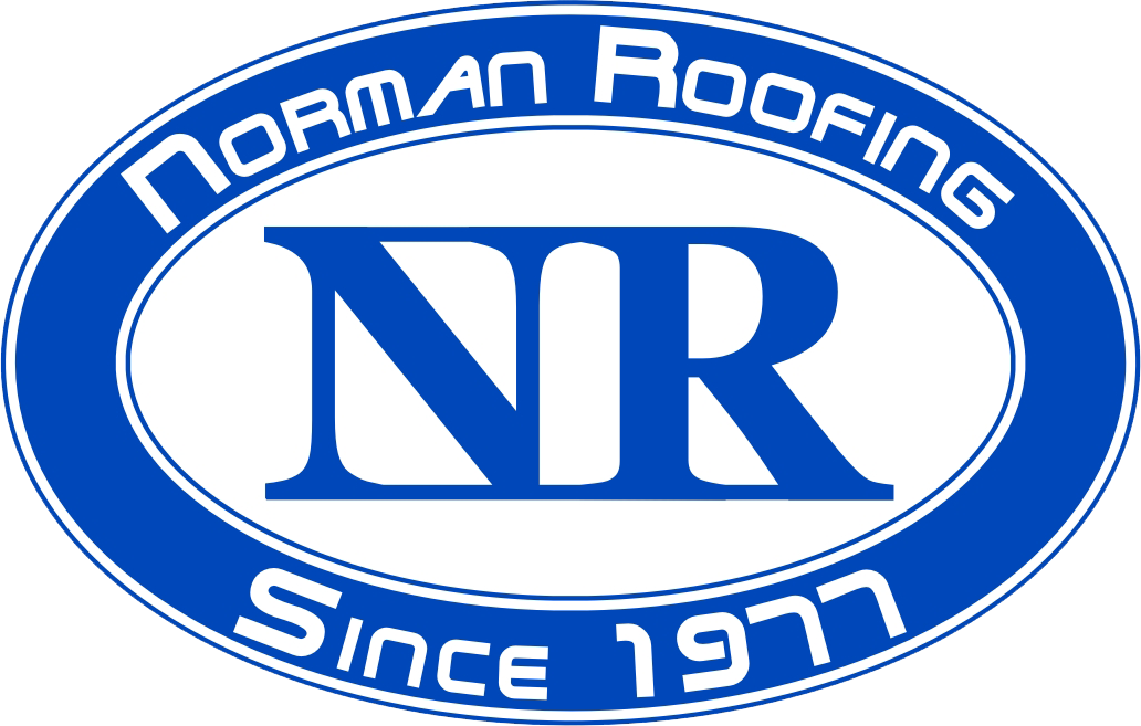 a blue and white logo for norman roofing since 1977