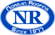 a blue and white logo for norman roofing since 1977