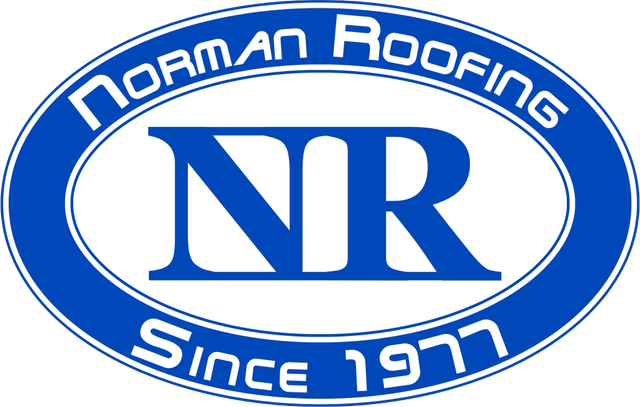 a blue and white logo for norman roofing since 1977