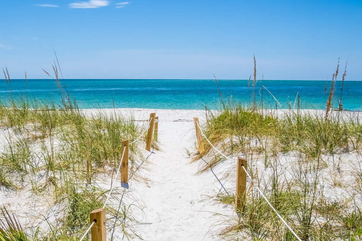 Path through sand dunes leading to the ocean under a bright blue sky.