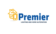 A blue and yellow logo for premier lighting and home automation.