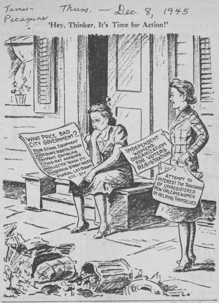 Cartoon: Women holding signs on steps. One reads,