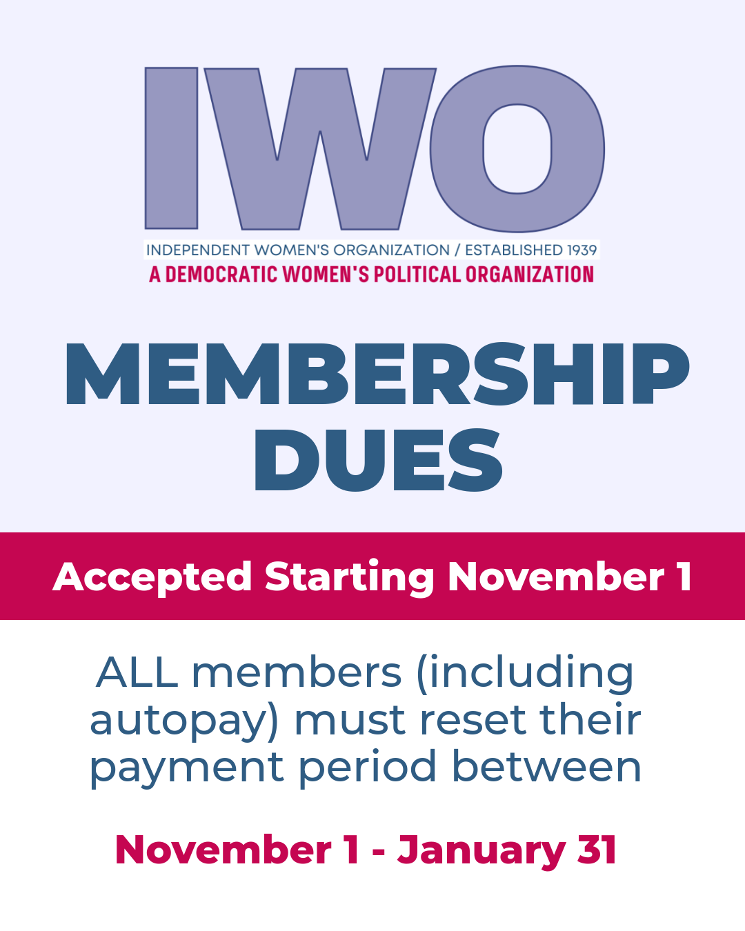 IWO membership dues announcement. Accepted November 1. Members must reset payment period November 1- January 31.
