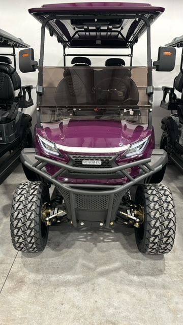 Purple off-road side-by-side utility vehicle with roll cage and large knobby tires, front view