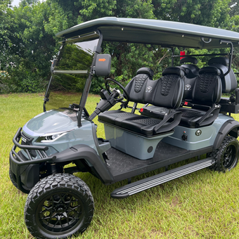 Gray golf cart with black seats parked on grass under trees