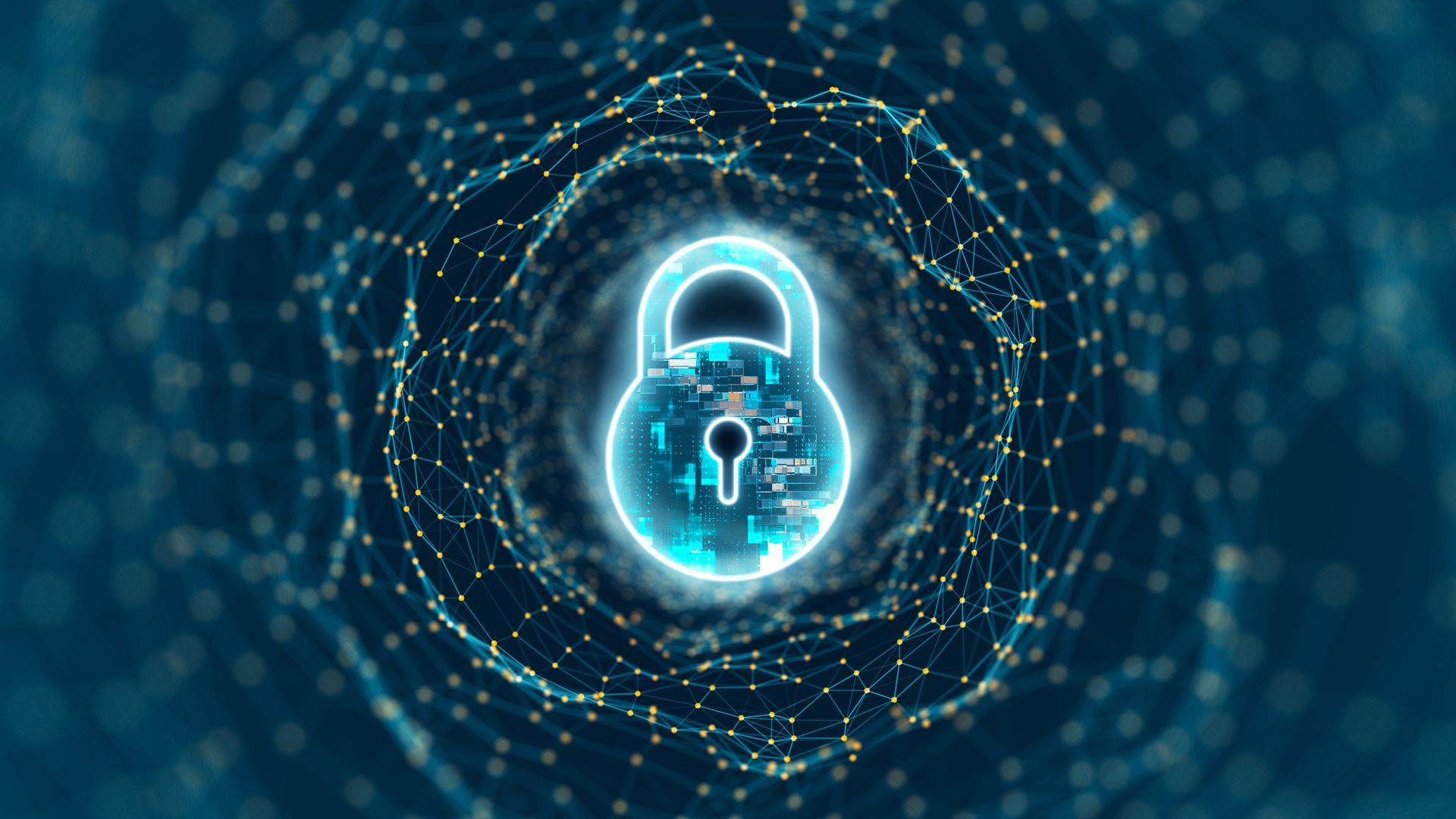 A digital padlock is surrounded by a circle of particles on a blue background.
