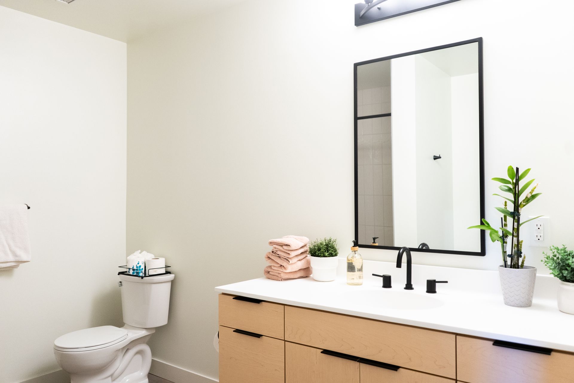 Bathroom with white walls, light wood vanity, black fixtures, and a large mirror.