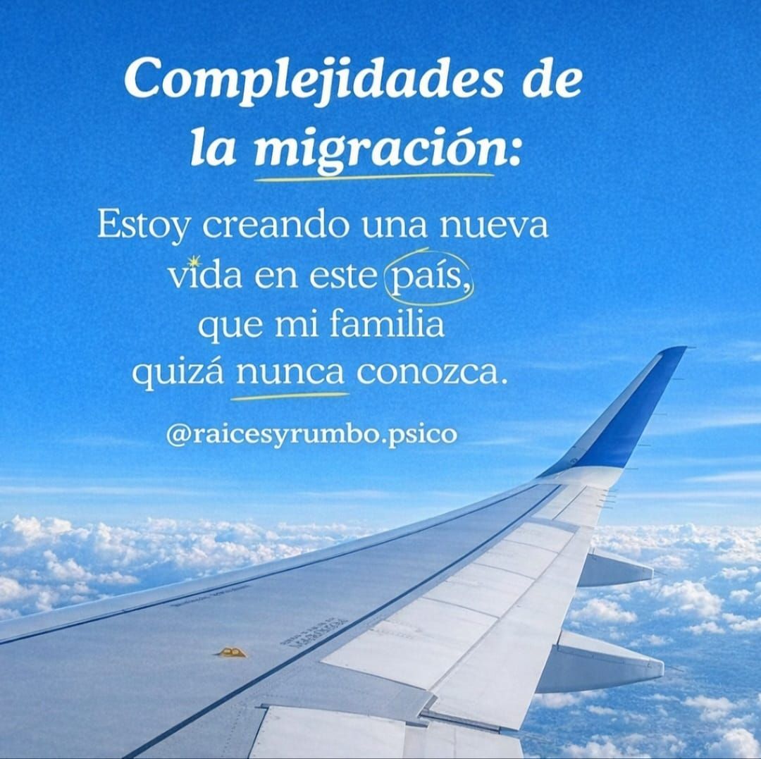 Texto sobre migración sobre un fondo de cielo azul. Ala de avión.