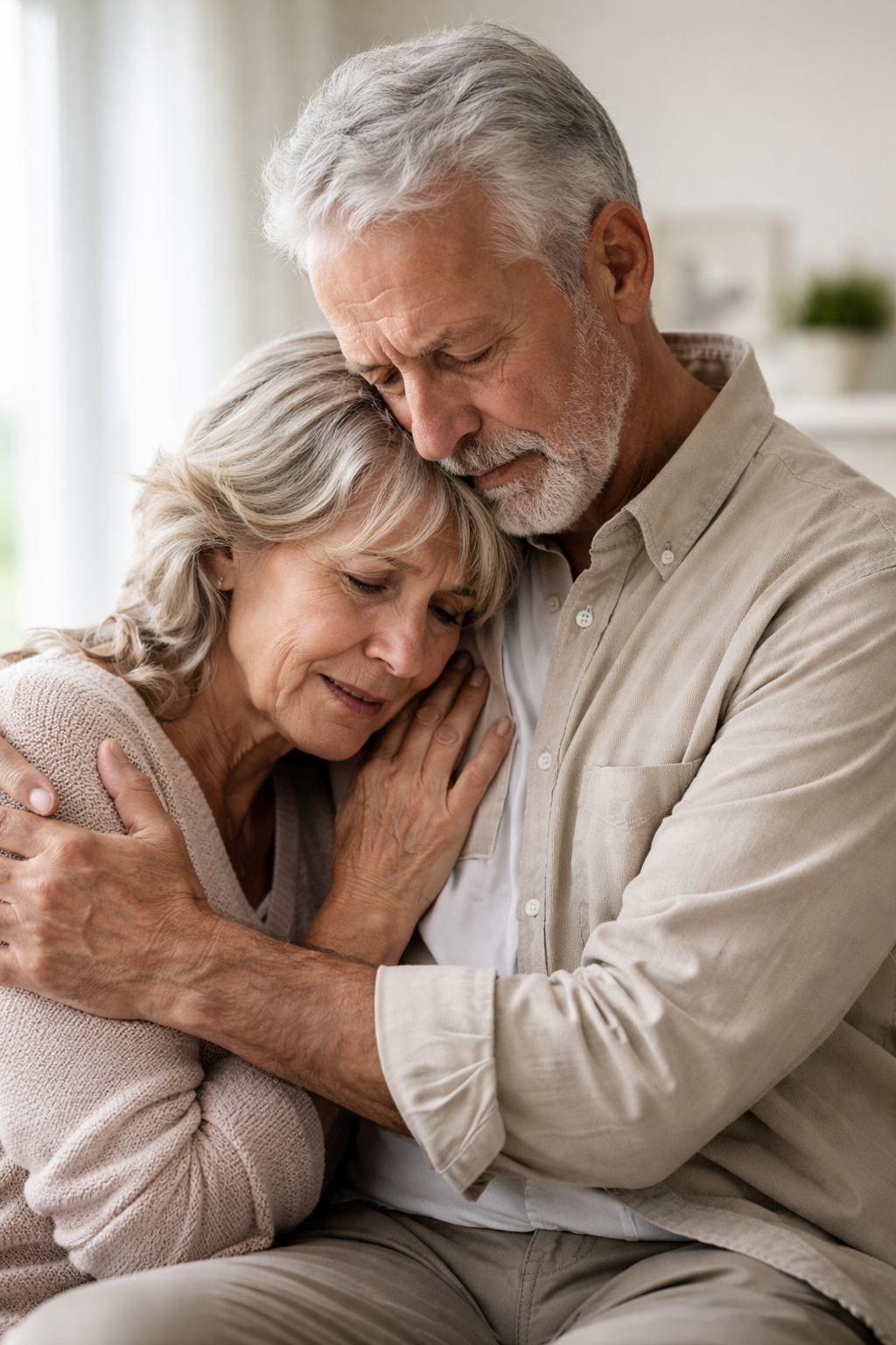 Mujer llorando, hombre consolándola con la mano en el hombro.