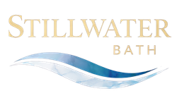 Stillwater Bath logo with gold text and blue wave swoosh on white background