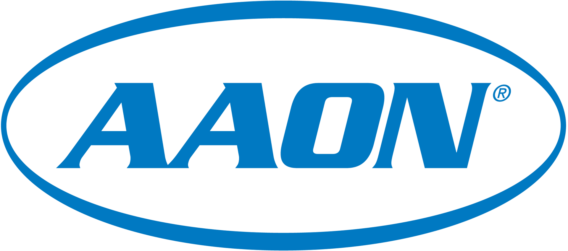 AAON logo in blue with an oval outline on a white background