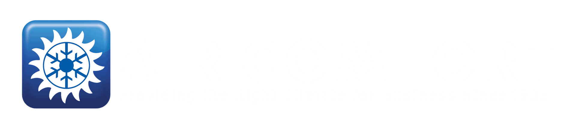 Air Comfort Logo with blue square icon with a white snowflake and compass-like symbol in the center