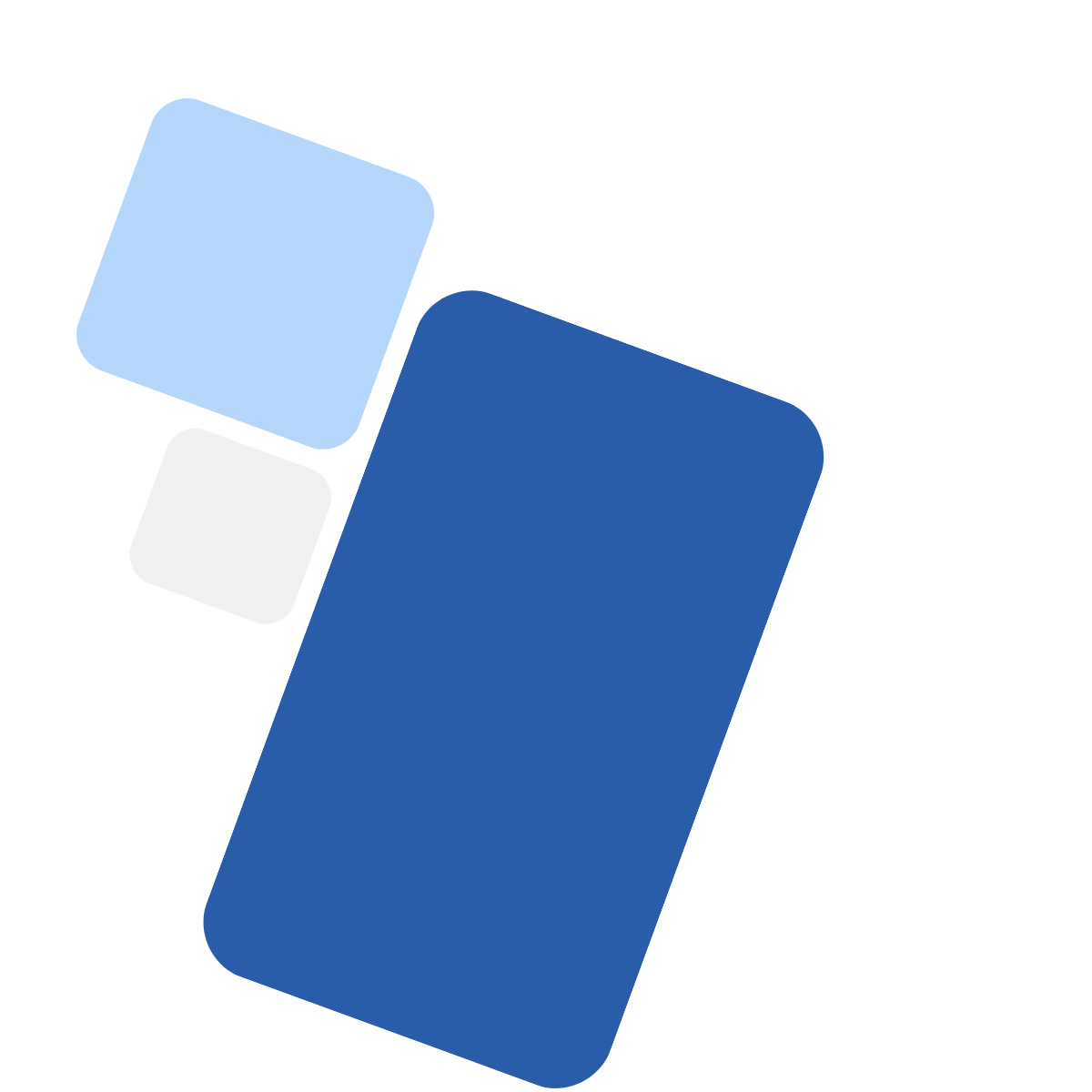 Abstract logo with three tilted rounded squares in light blue, white, and dark blue on a white background