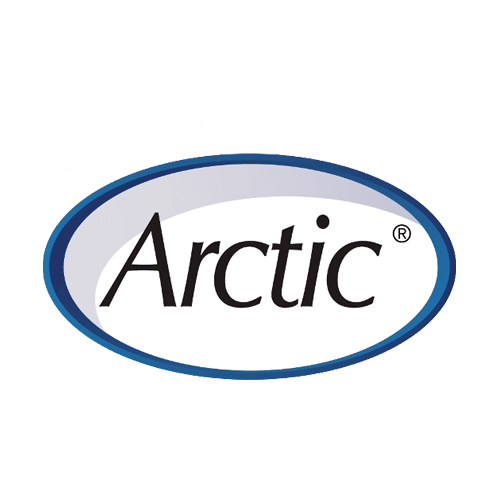 Arctic logo in black text inside a blue oval outline on a white background