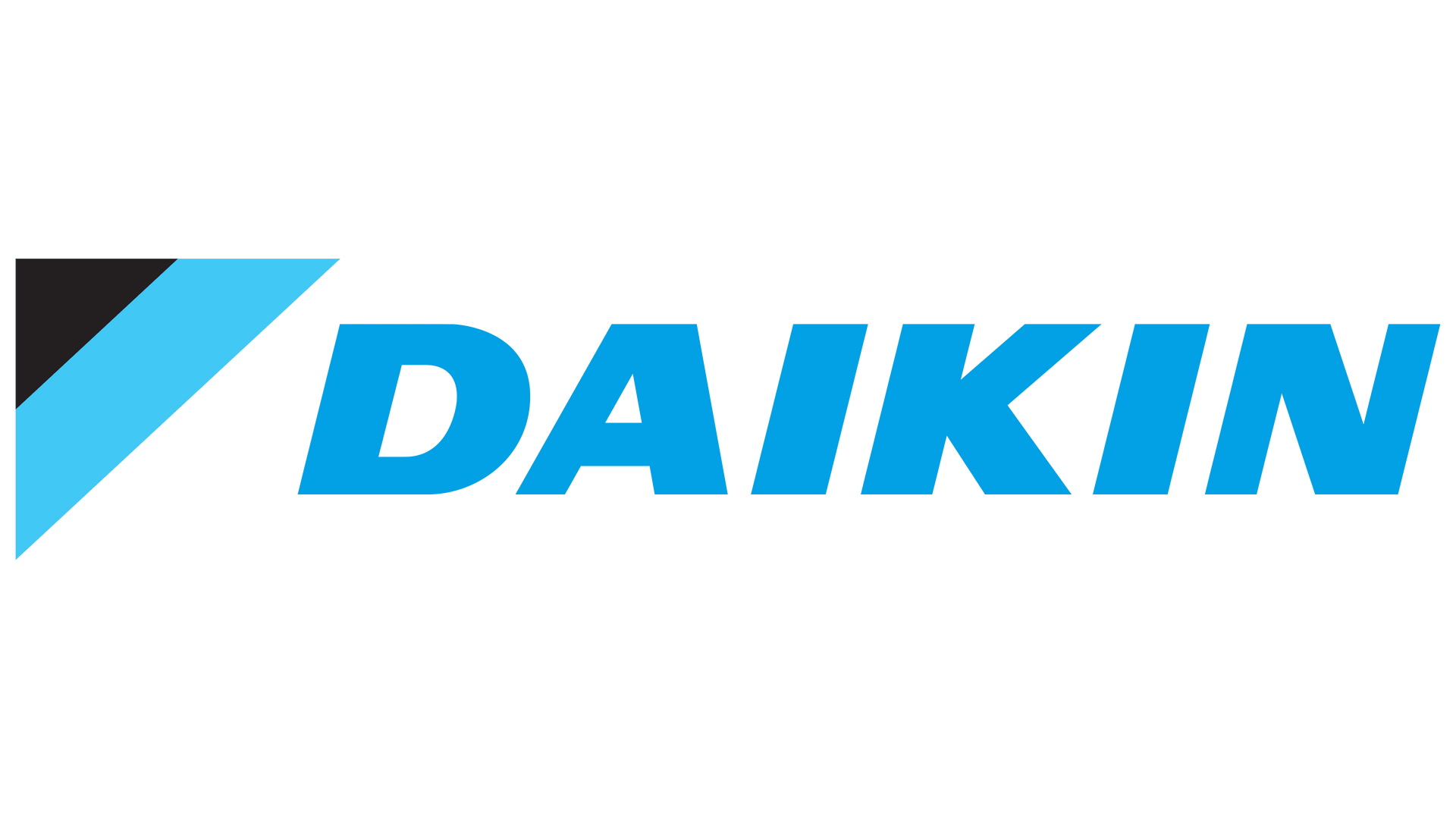 Daikin logo in blue with a black and cyan triangular mark on white background