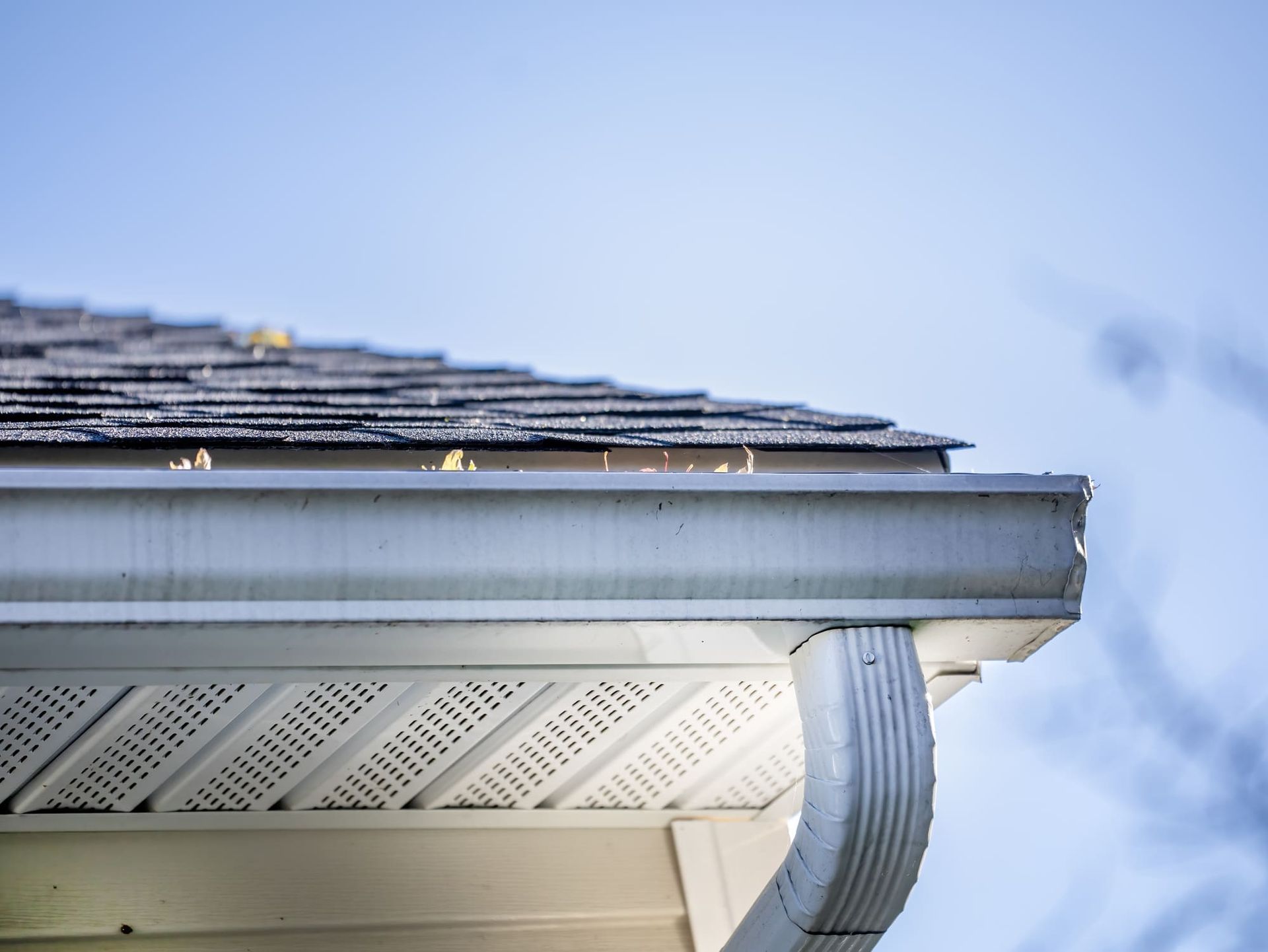 White gutters and a portion of a roof against a light blue sky.
