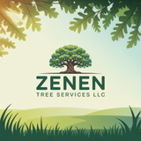 Logo for Zenen Tree Services LLC featuring a green tree over the company name, set against a green and yellow landscape with leaves in the top frame.
