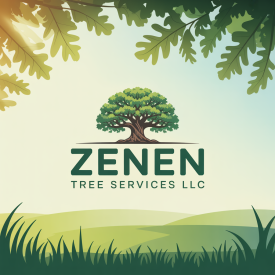 Logo for Zenen Tree Services LLC: A green tree with the company name below, set against a sunny landscape with oak leaves framing the top.