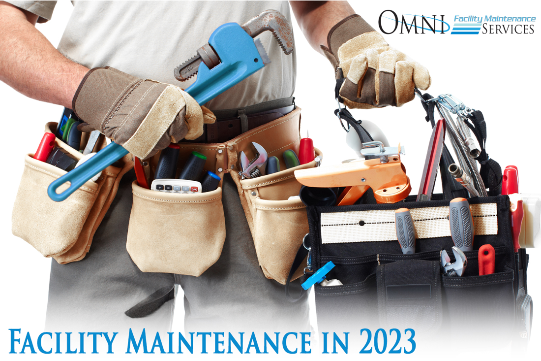 A man is holding a wrench in front of a toolbox that says facility maintenance in 2023