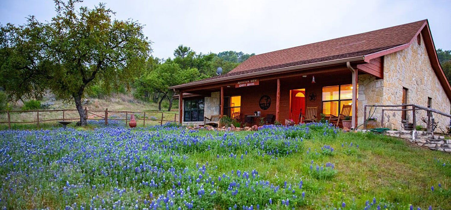 a house is sitting in the middle of a field of blue bonnet flowers .