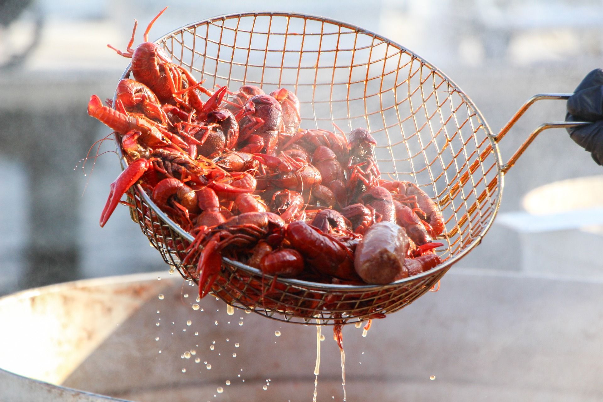 A person is cooking crawfish in a frying basket.