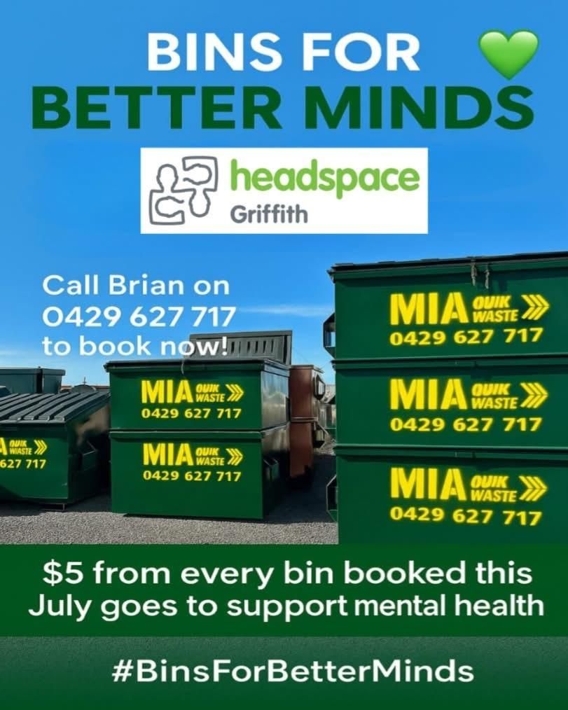MIA Quik Waste front lift bins – skip bin hire Griffith NSW – partnered with Headspace for youth mental health