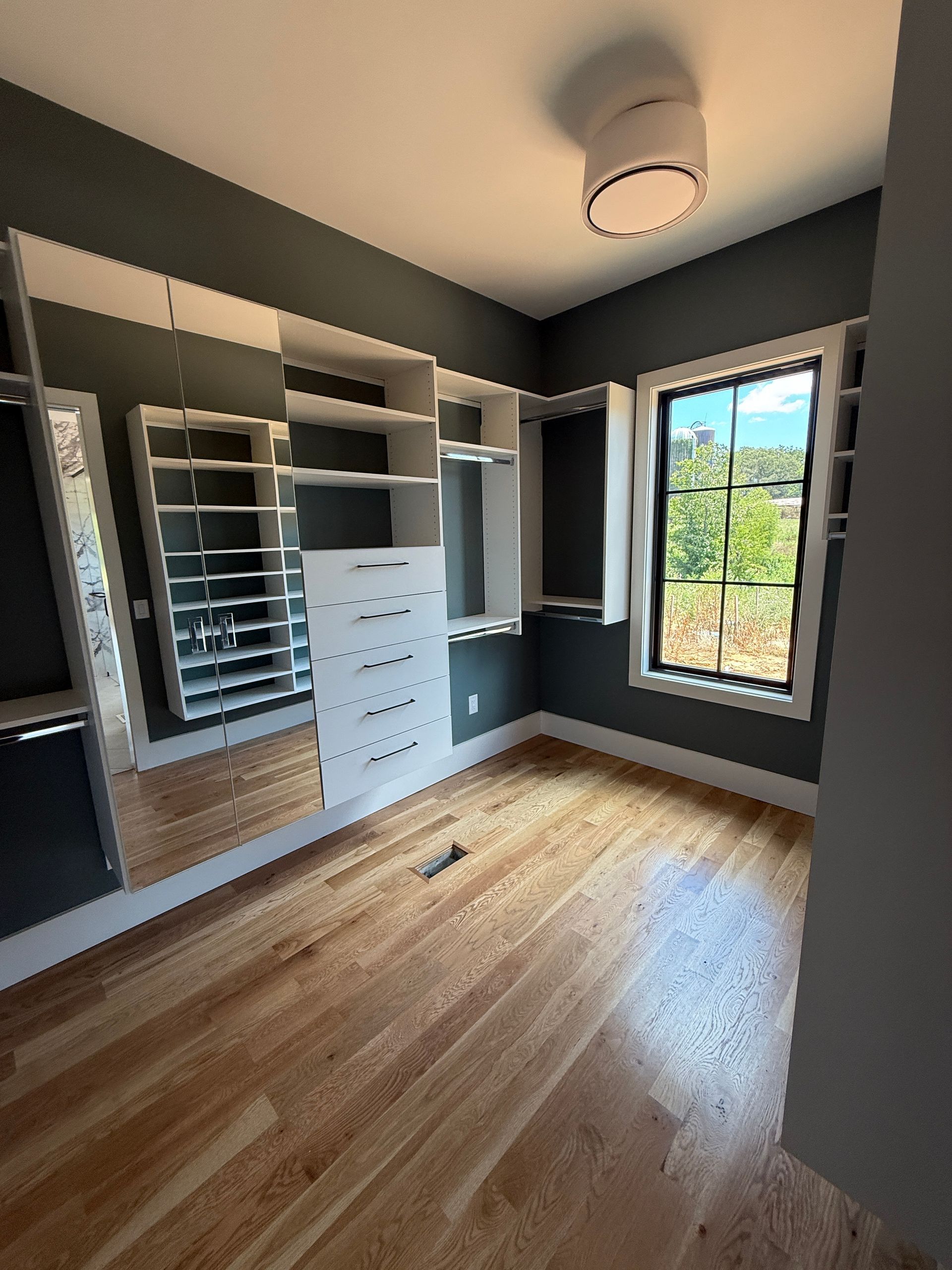 Empty walk-in closet with white shelving and dark gray walls. Wood floor and a window with a view.