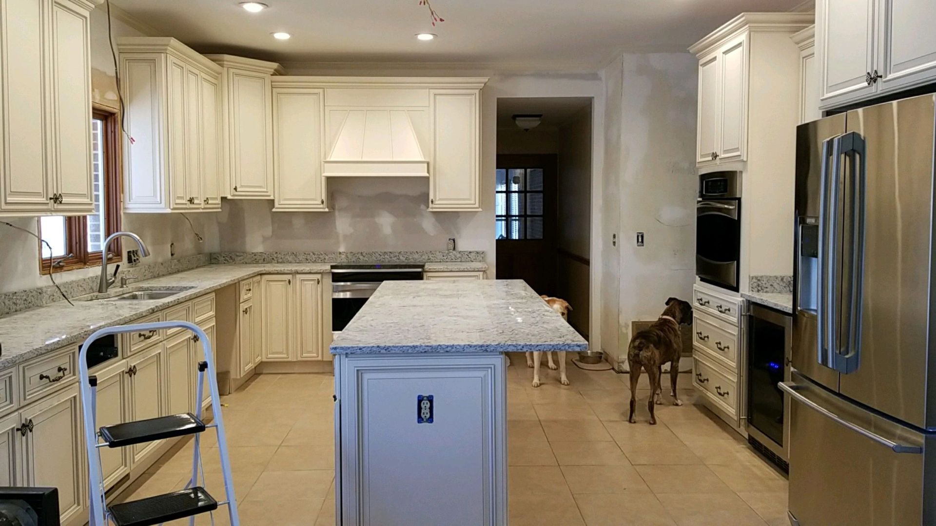 Kitchen renovation with cream cabinets, granite countertops, island, stainless appliances, two dogs.