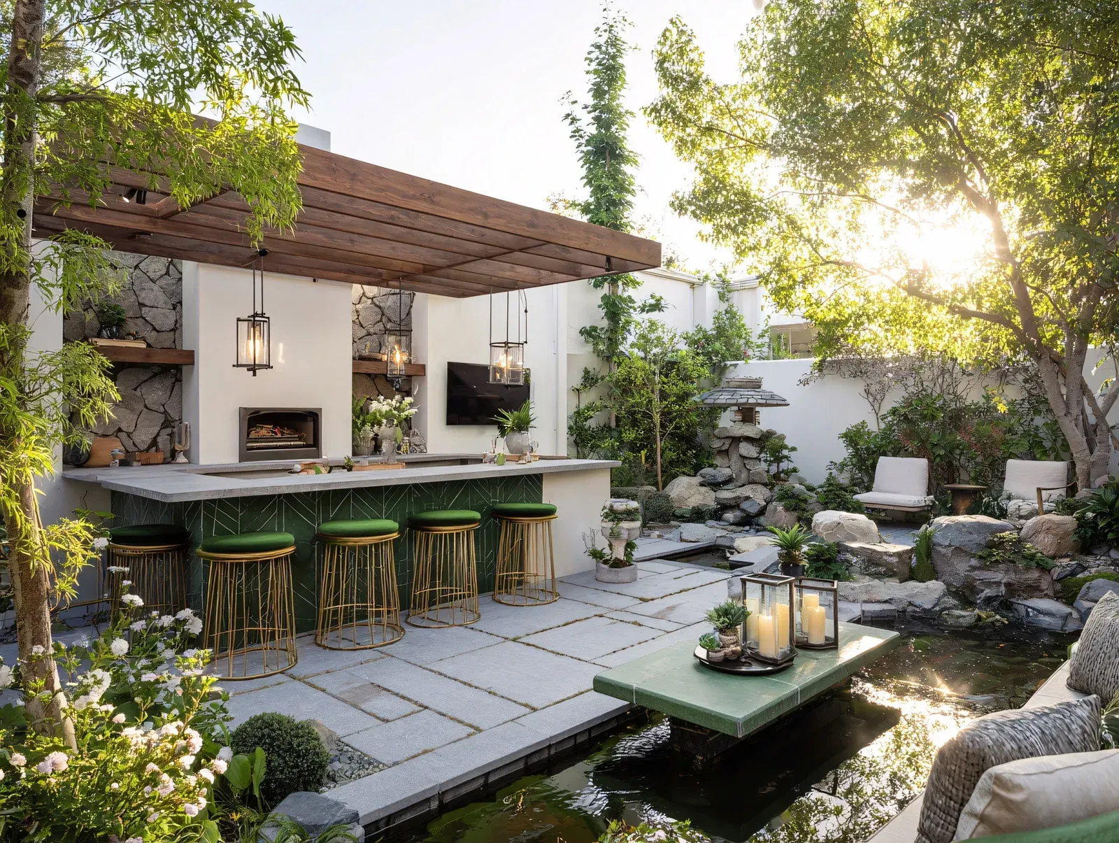 Kitchen with wood cabinets, stone backsplash, and stainless steel range hood above a black stovetop.