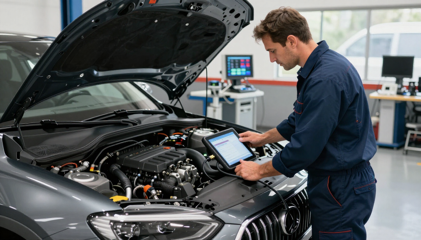 Professional mechanic using diagnostic tablet on car engine