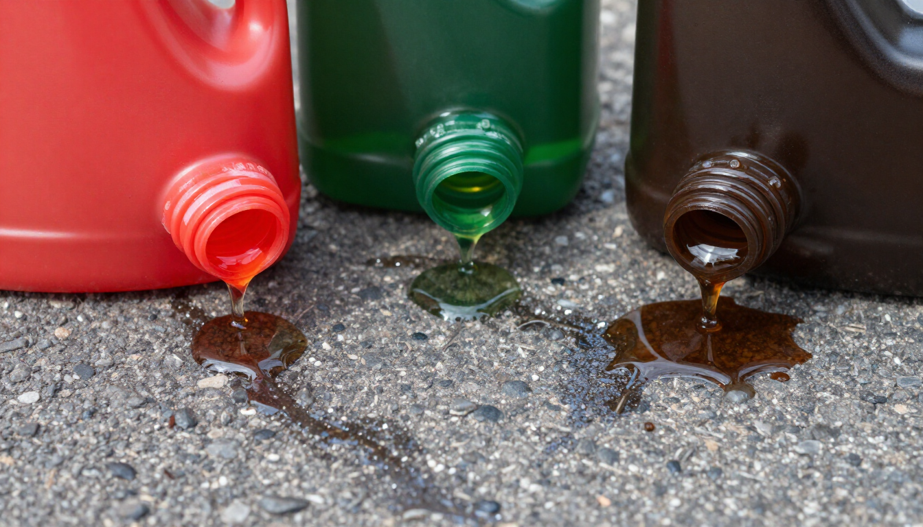 Colorful fluid drops on a garage floor indicating car leaks