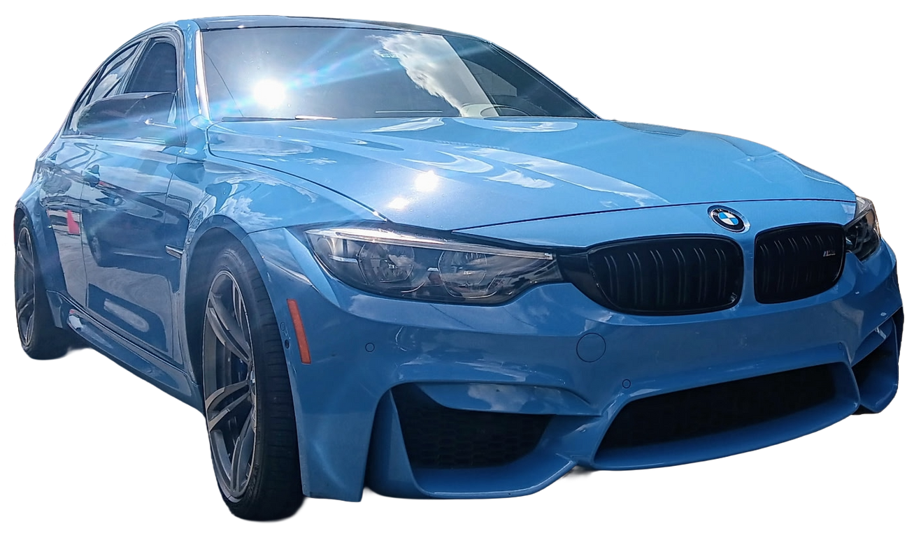 Yellow hatchback car with black wheels. Blue BMW sports car, front view, parked, shiny paint, black wheels.