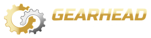 Logo with a gold and silver gear design and the word GEARHEAD in gold.