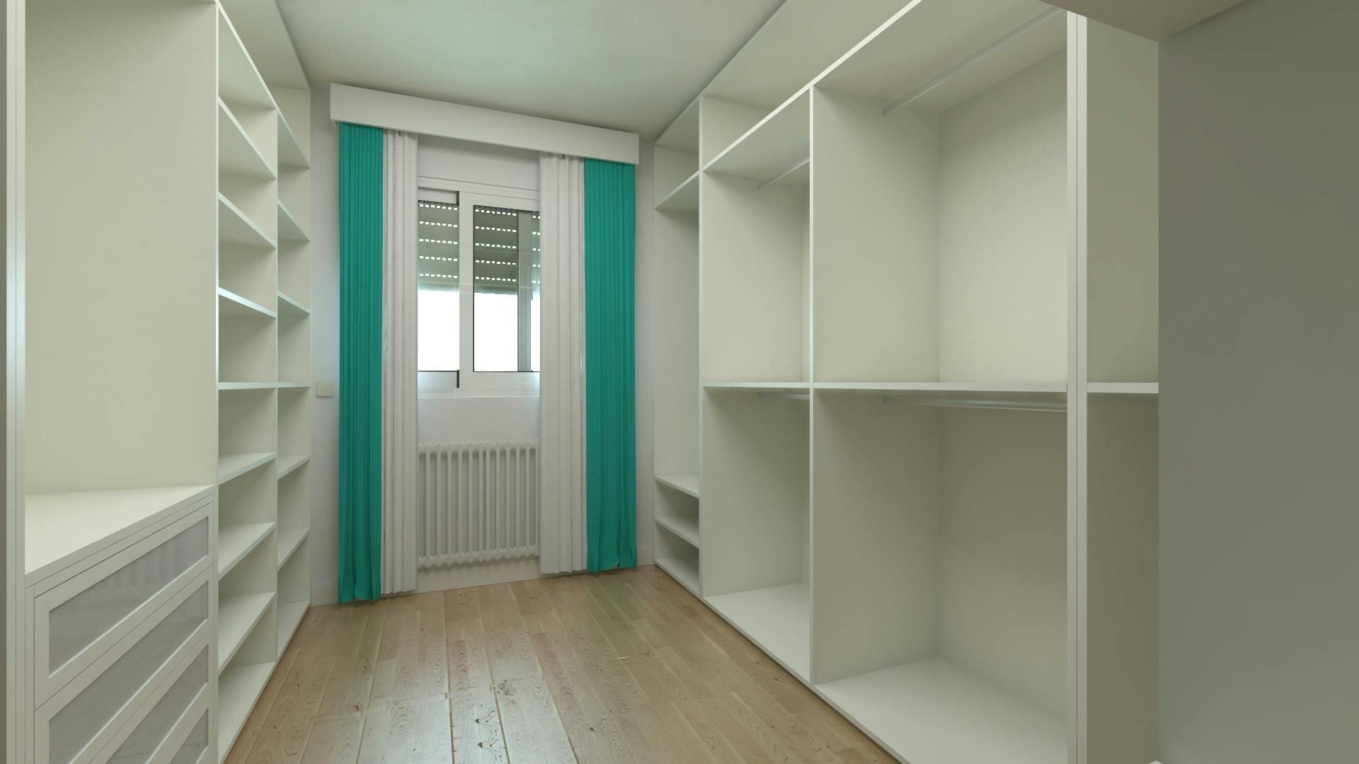 Empty white closet with shelves and drawers, a window with turquoise curtains.