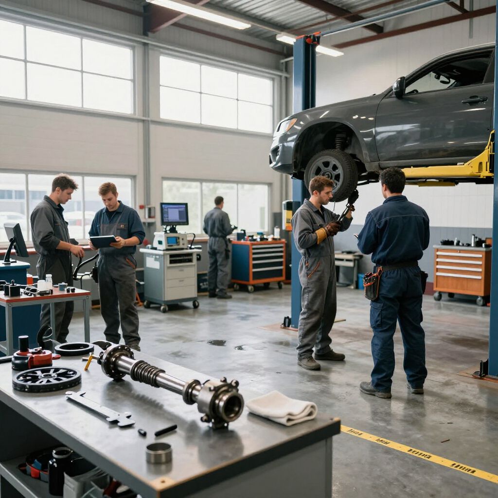 A well-lit auto repair shop with mechanics working on a car raised on a lift and organizing tools at a workbench.