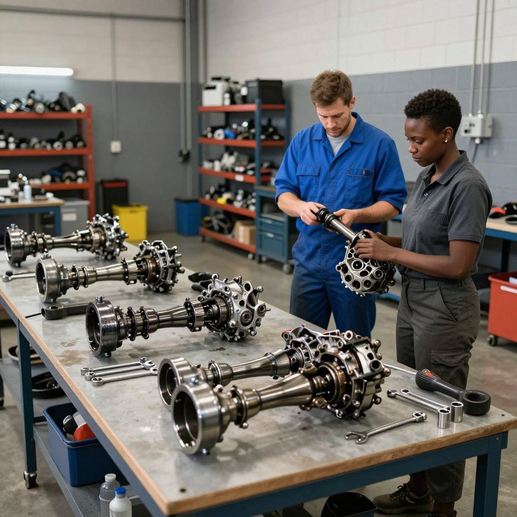Two technicians in a workshop inspect mechanical engine parts placed on a large work table.