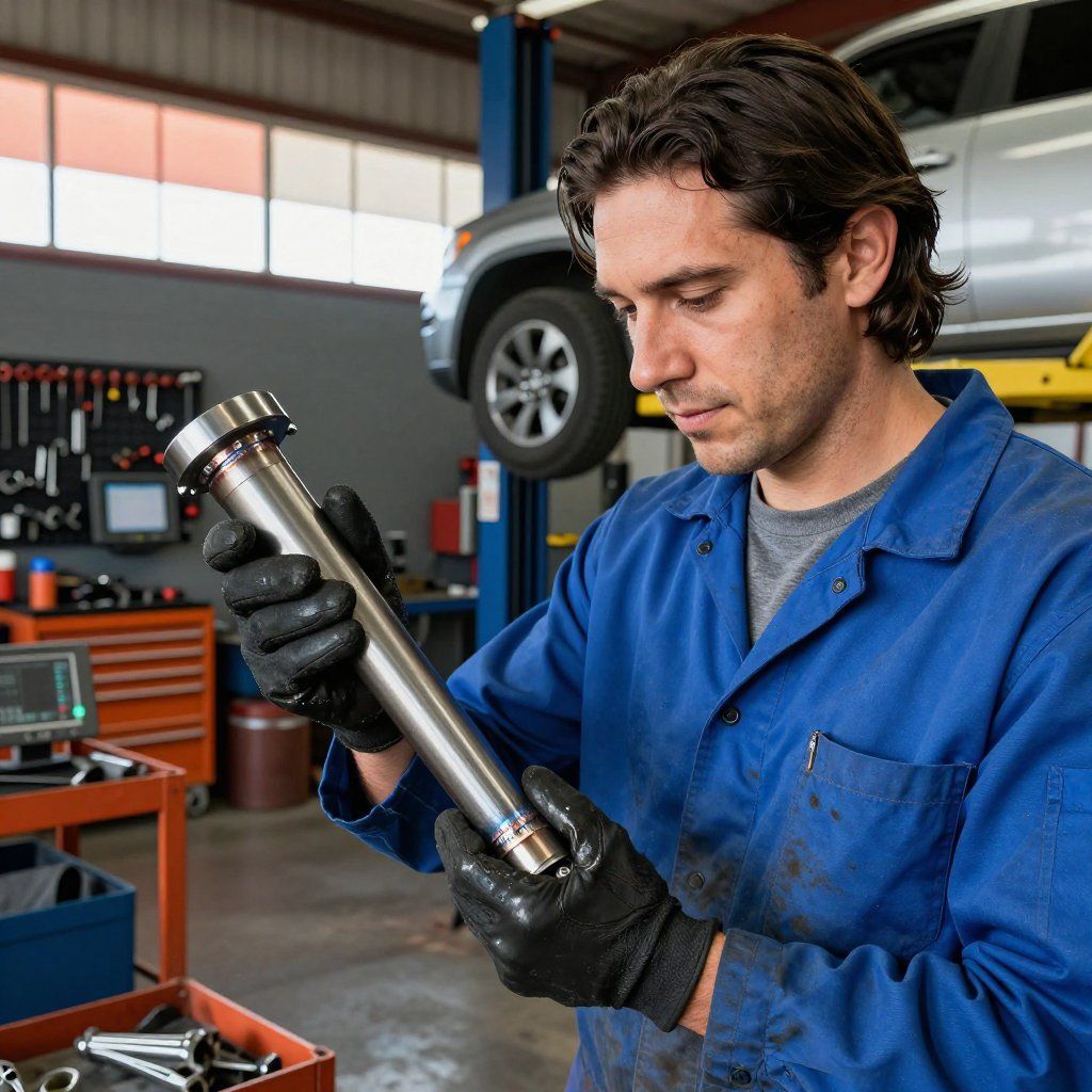 A person in a blue uniform and black gloves examines a metal mechanical part in an auto repair shop.