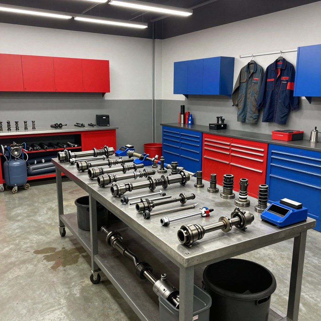 A workshop with metal tables featuring mechanical parts, red and blue storage cabinets, and tool-filled workspace.