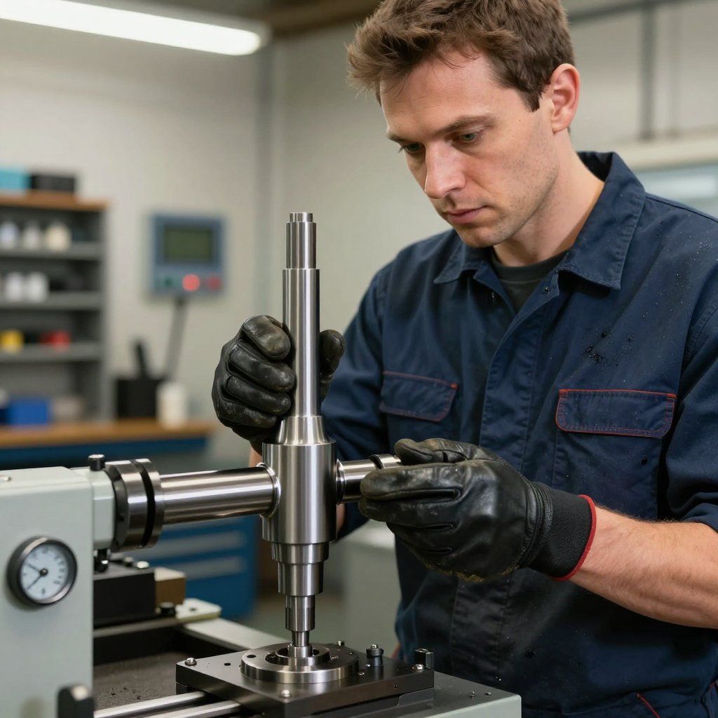 A person in a blue uniform and black gloves precision-aligns a metal component on a machine in a workshop.