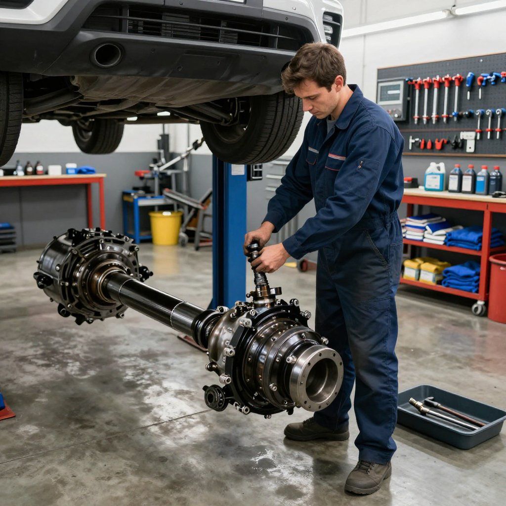 A mechanic in a blue uniform working on a heavy-duty axle assembly in a well-equipped auto repair shop.