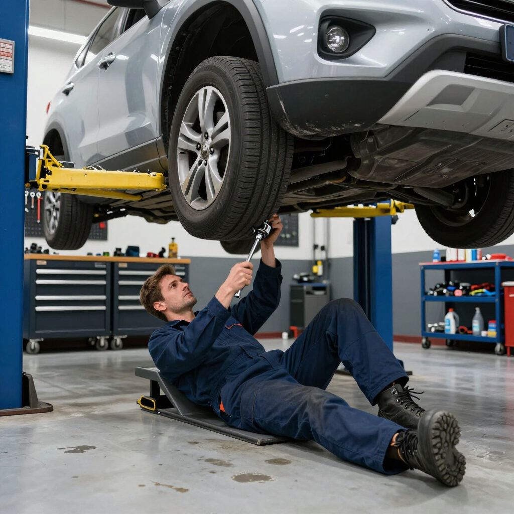A mechanic in blue coveralls lying on a creeper, using a wrench to repair the underside of a lifted car in a garage.