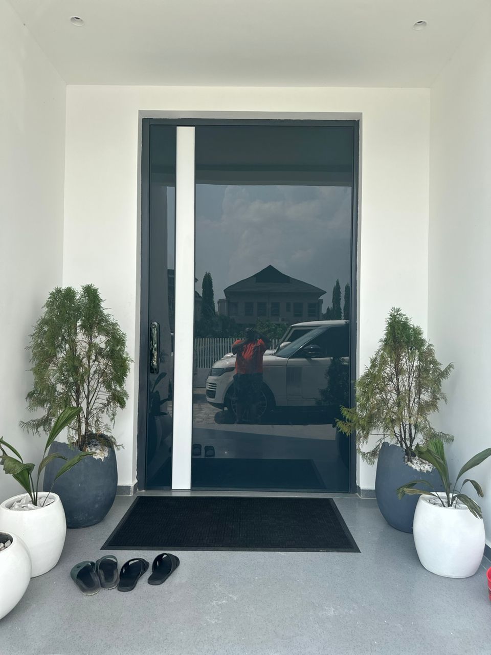 A door with a black glass door is surrounded by potted plants and slippers.